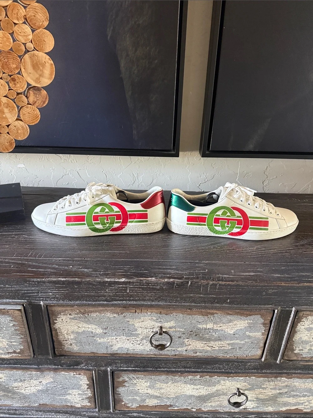 Gucci White Leather Sneakers with Red & Green Side Stripes